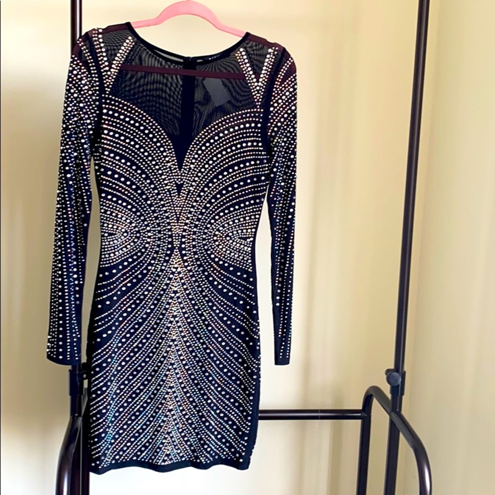 Rhinestone on net black midi party dress